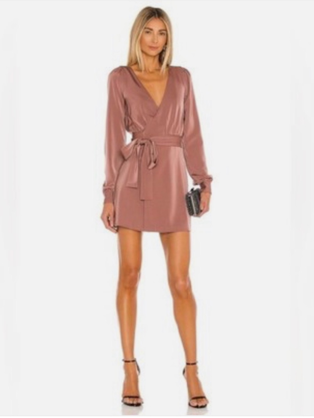 NBD Janet Mauve Dusty Rose Satin Long Sleeve Wrap Mini Dress m